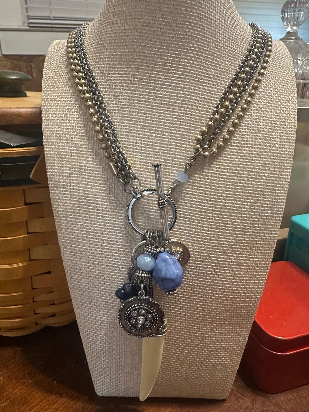 Chico’s Silver Boho Charm Necklace Tusk Blue Stone Multi Strand